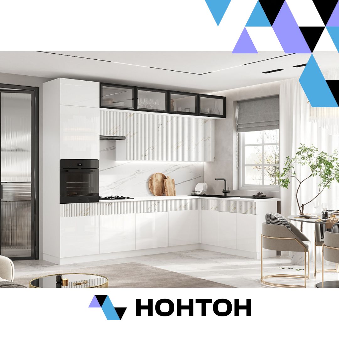 Кухня угловая Оливия 3.0 х 1.8 м белый глянец холодный / мрамор золото