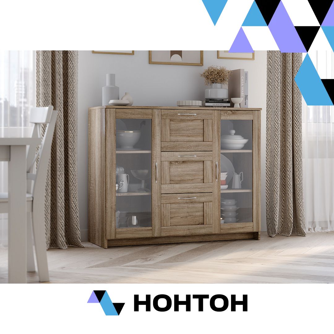 Комод с дверцами Сириус со стеклом и 3 ящиками сонома