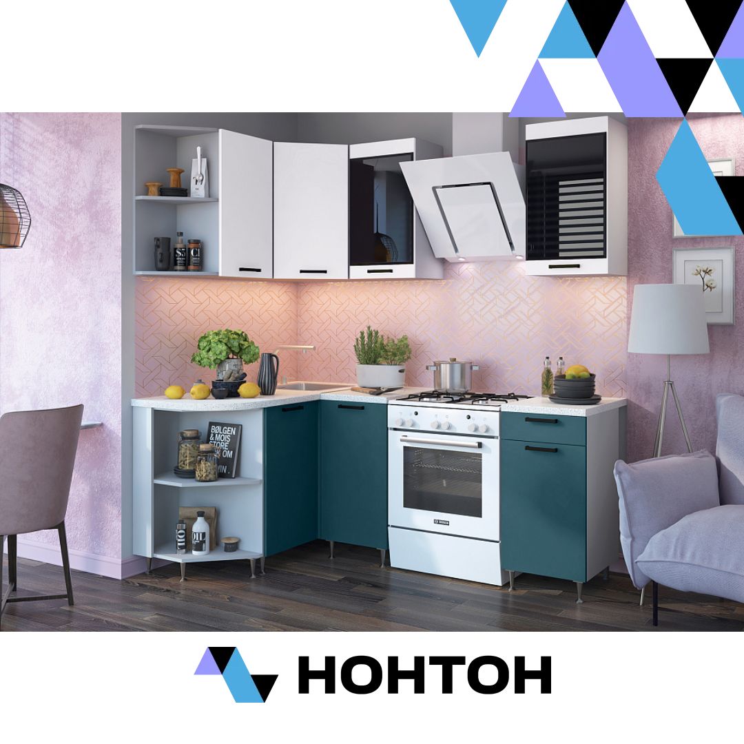 Кухня Техно 1.3 на 1.4 м компоновка №3 белый снег софт / атлантик софт