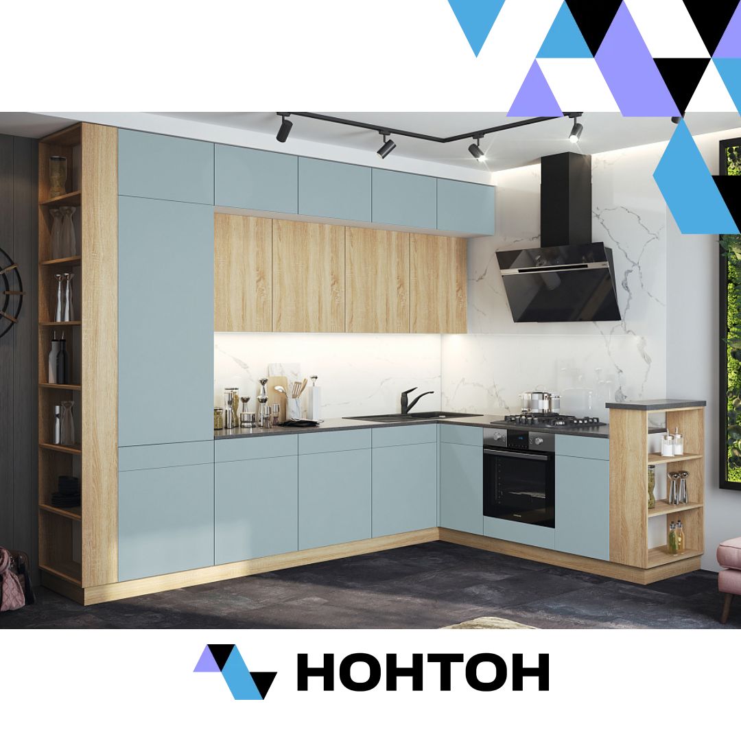 Кухня угловая Техно-5 3.2 на 2.24 м сонома / браш деним блю