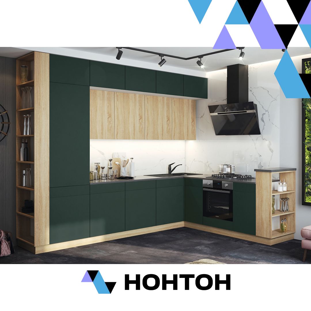 Кухня угловая Техно-5 3.2 на 2.24 м сонома / браш мени грин