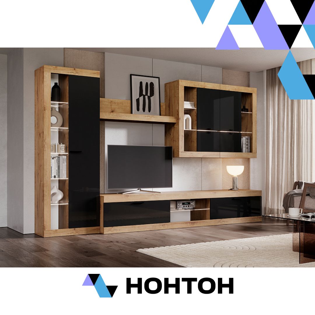 Гостиная Прага №5 дуб вотан / черный глянец