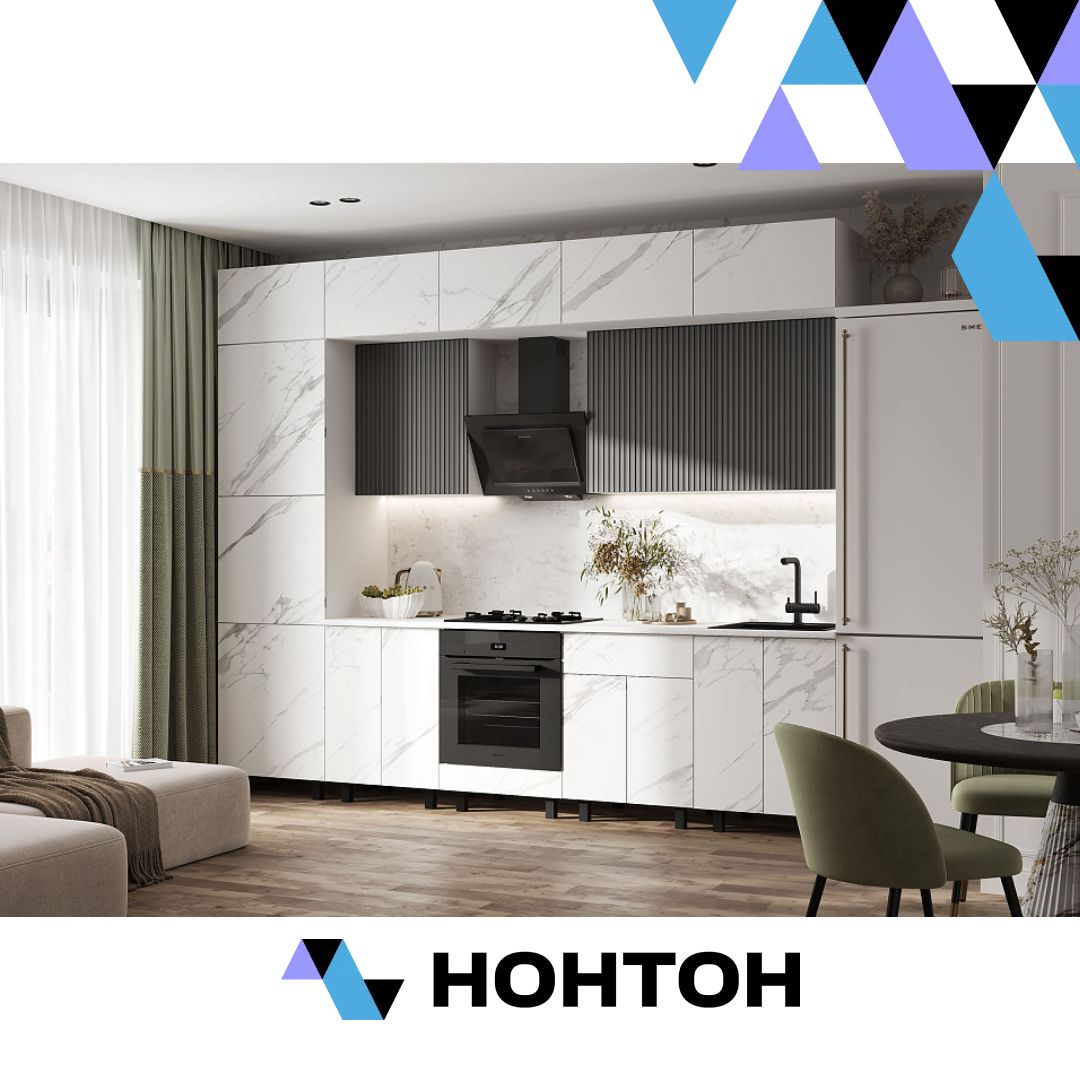 Кухня Оливия new 3.0 м мрамор белый софт / графит софт