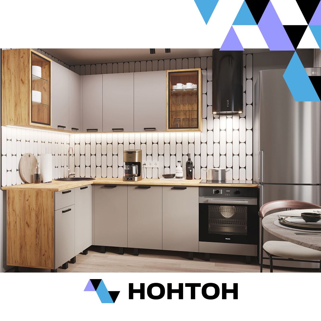Кухня Техно 1.4 х 2.4 м компоновка №9 холст латте / дуб крафт
