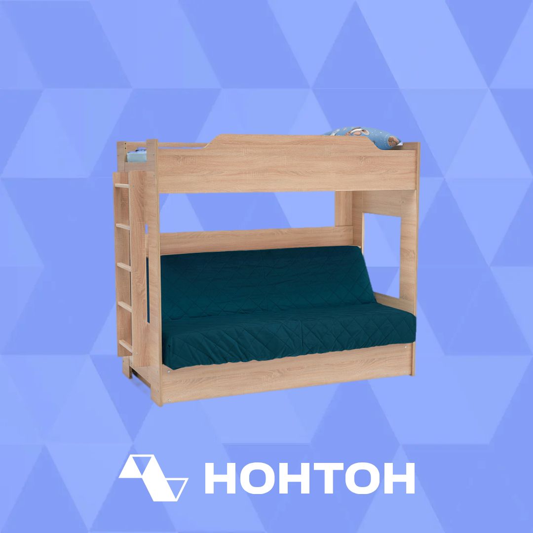 Двухъярусная кровать с диван-кроватью велюр синий / дуб сонома