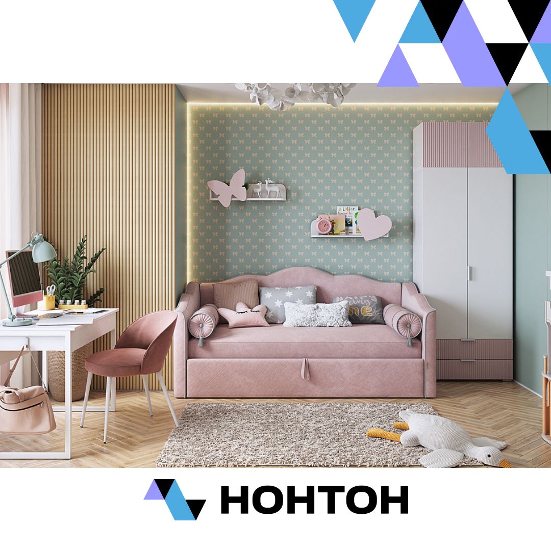 Детская Зефир К3 белое дерево / пудра розовая / велюр нежно-розовый