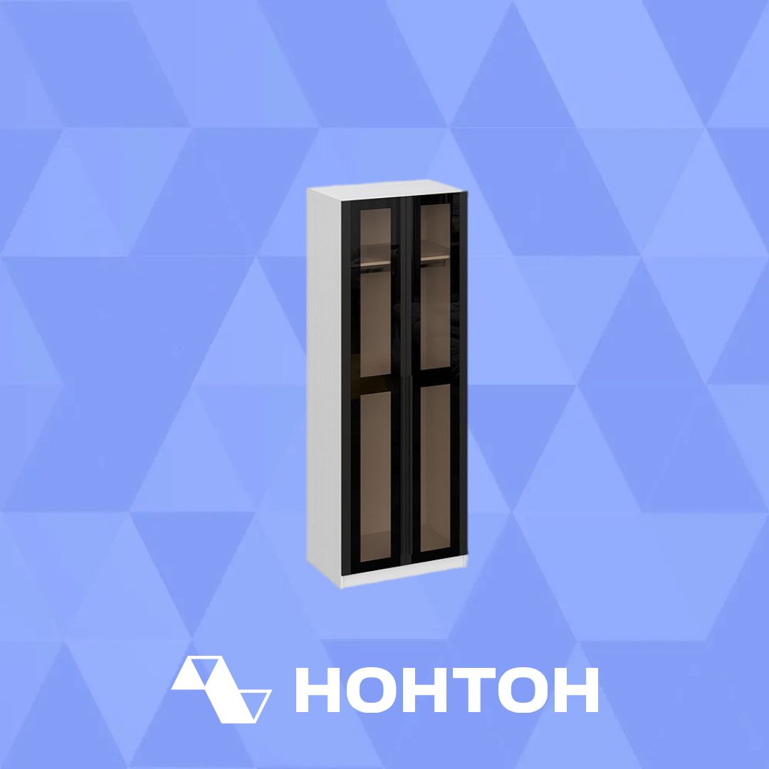 Шкаф 2-х створчатый со стеклом Берген белое дерево / софт черный