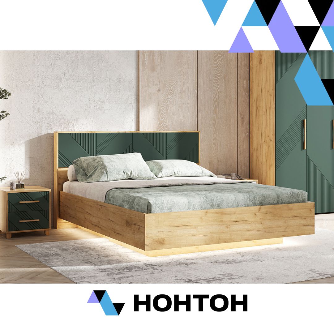 Кровать парящая с подсветкой Ирис 1.6 м дуб крафт / браш мени грин