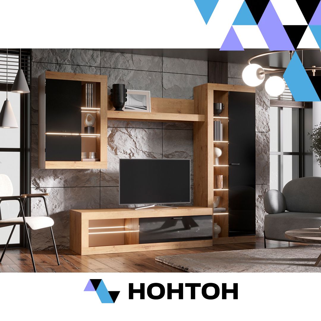 Гостиная Прага №4 дуб вотан / черный глянец