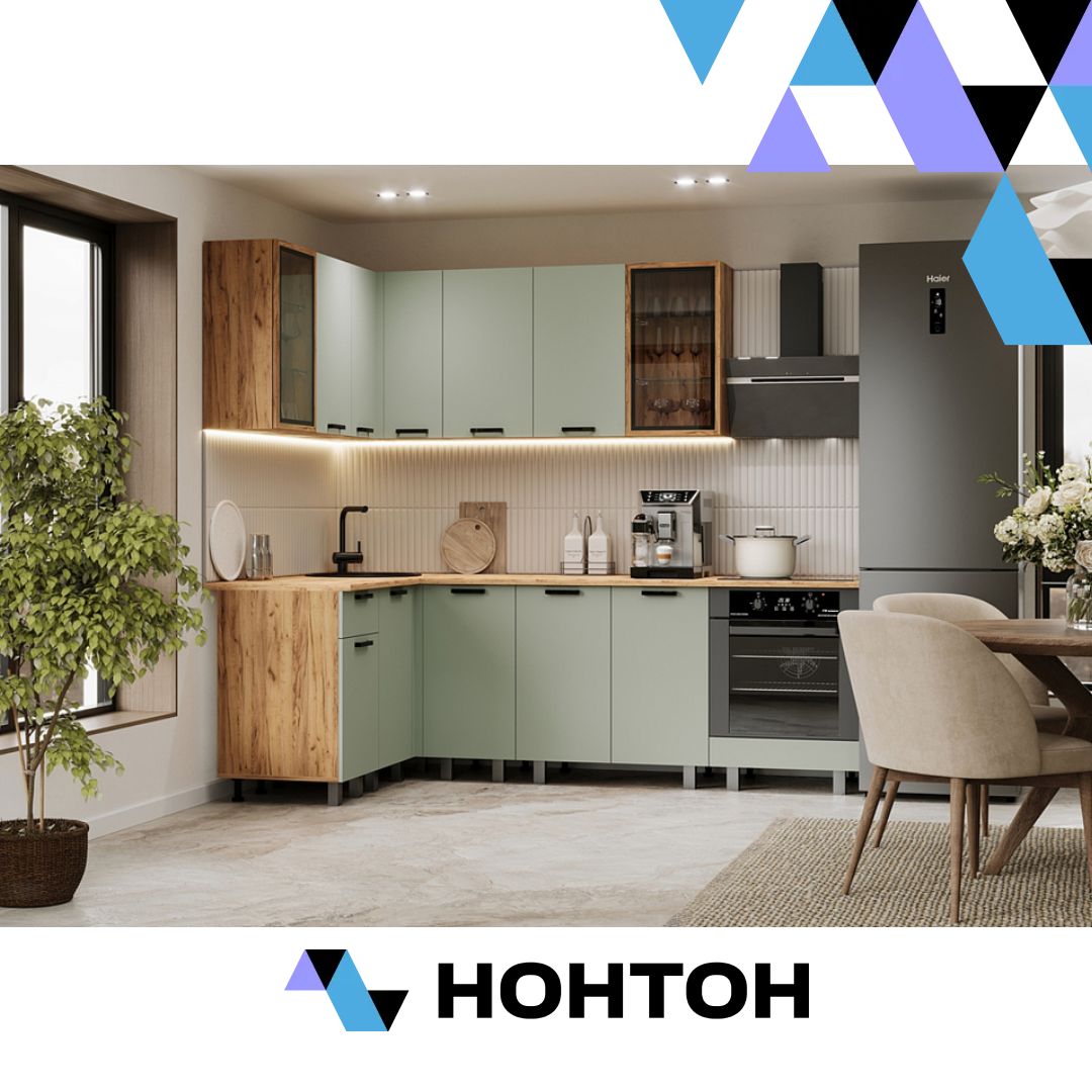 Кухня Техно 1.4 х 2.4 м компоновка №9 олива софт / дуб крафт