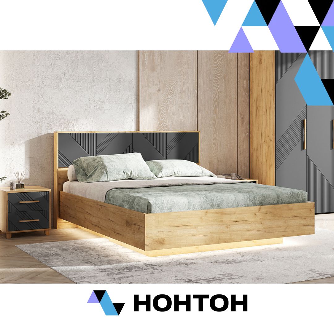 Кровать парящая с подсветкой Ирис 1.6 м дуб крафт / браш графит