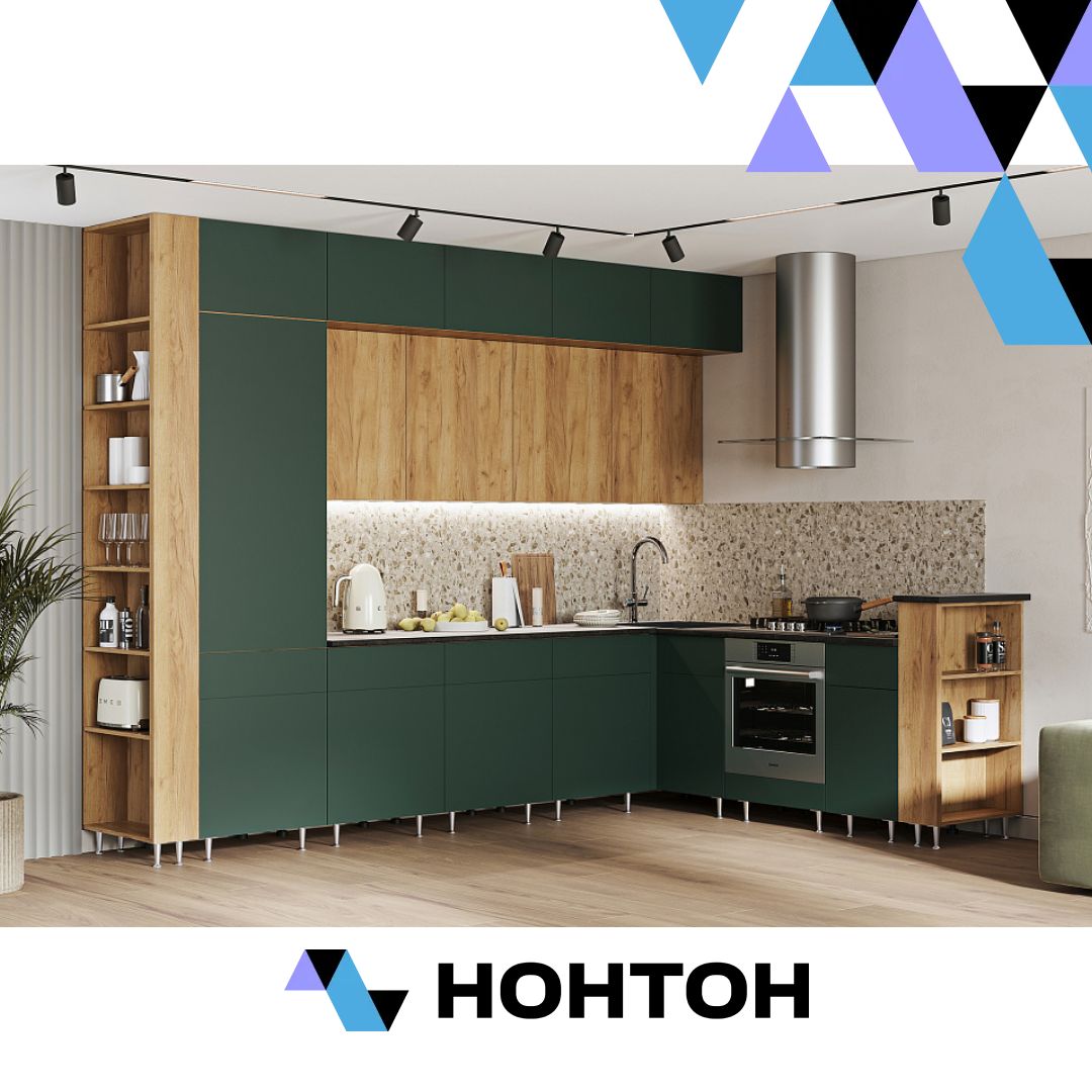 Кухня угловая Техно-5 3.2 на 2.24 м браш мени грин / дуб крафт