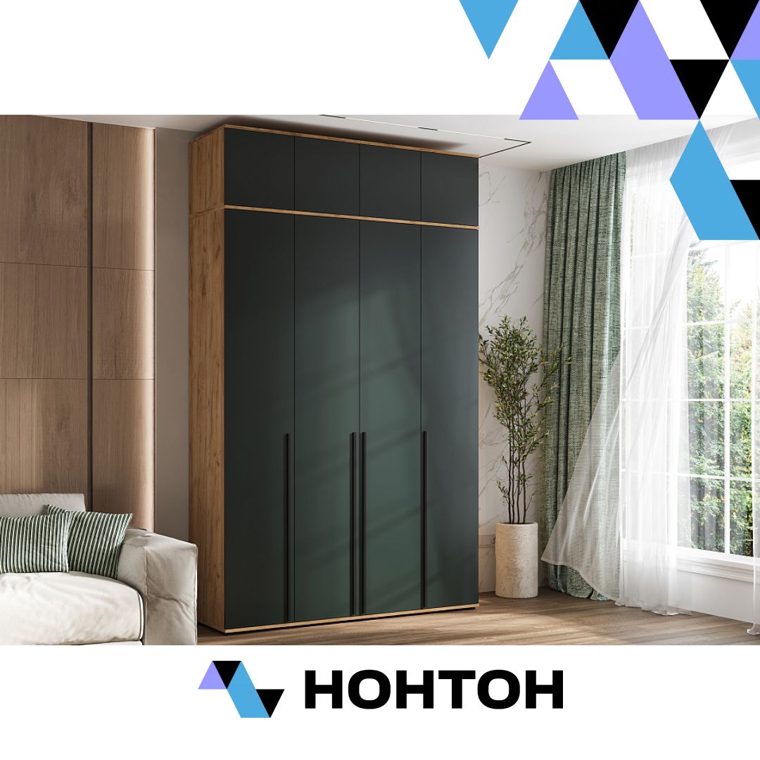 Шкаф 4-х створчатый с антресолью Норд дуб крафт / изумрудный