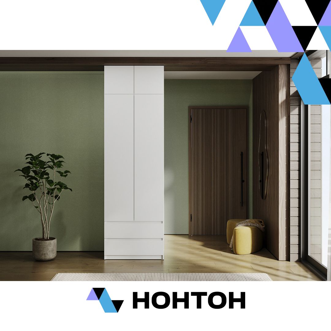 Шкаф 2-х створчатый с ящиками Скайвуд с антресолью белый текстурный