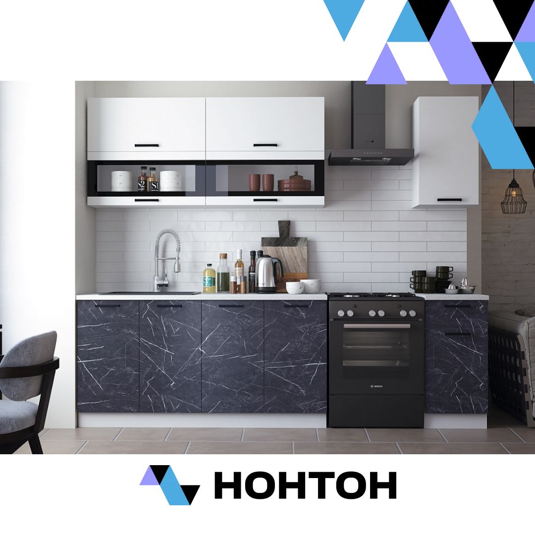 Кухня Техно 2.0 м компоновка №2 белый глянец холодный / мрамор темный