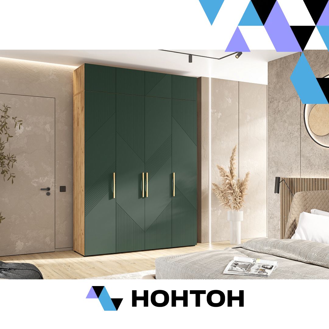 Шкаф 4-х створчатый с антресолью Ирис дуб крафт / браш мени грин