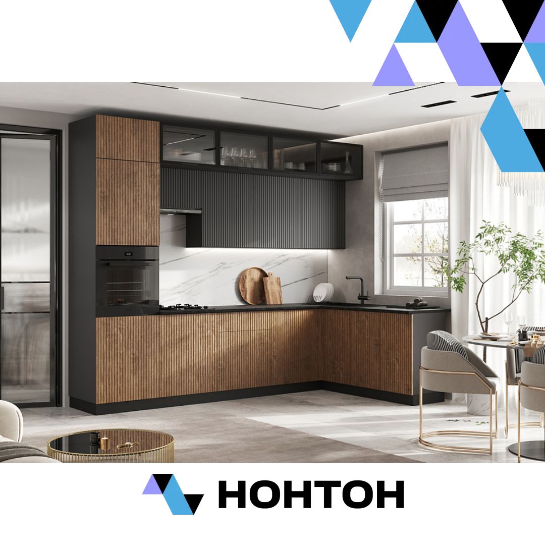 Кухня угловая Оливия New 3.0х1.8 м Компоновка №4 экзотическое дерево амазония / графит софт new