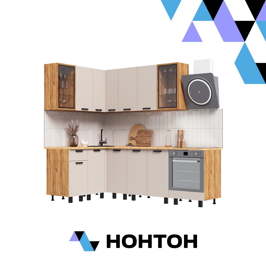 Кухня Техно 1.4 х 2.4 м компоновка №9 кашемир / дуб крафт