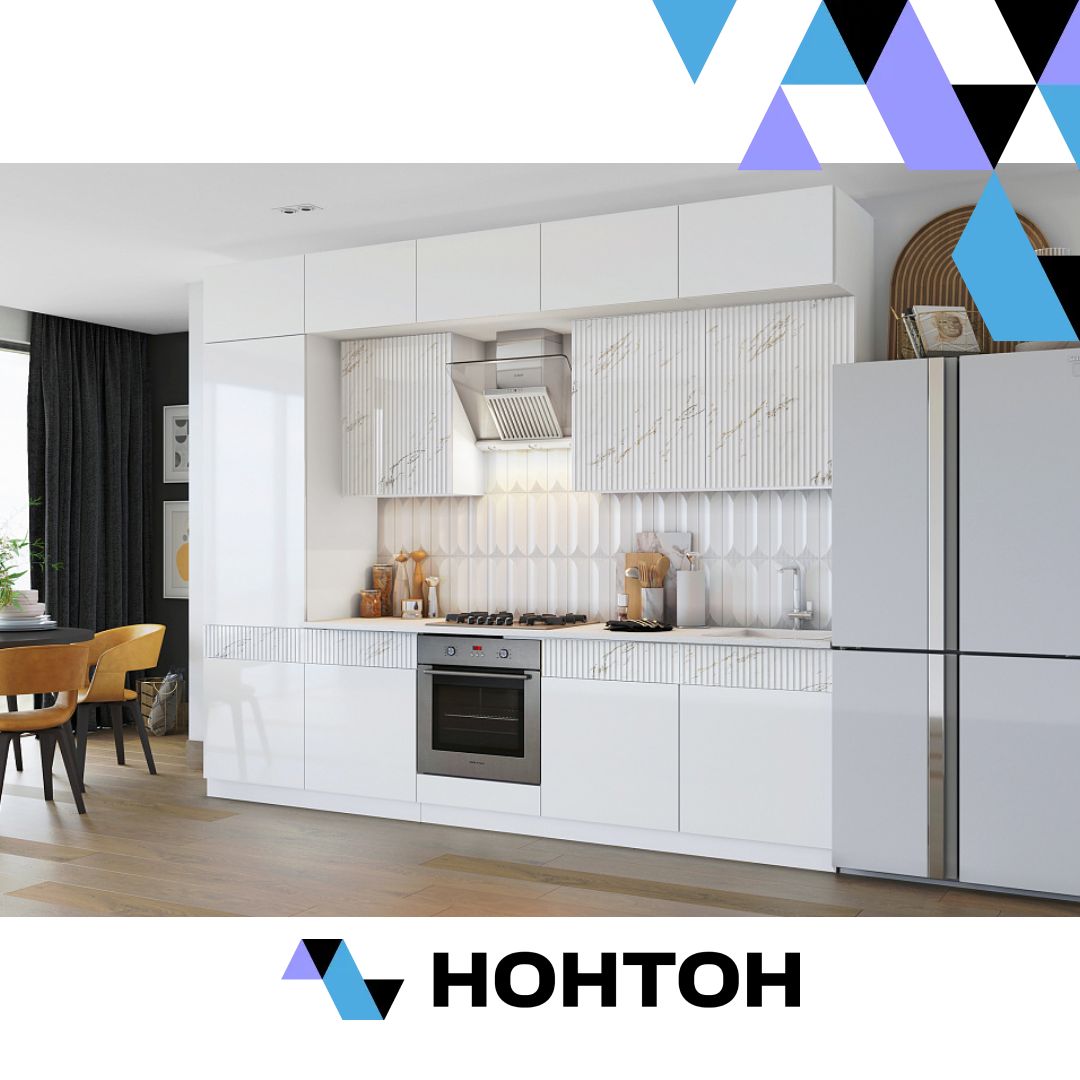 Кухня Оливия 3.0 м белый глянец холодный / мрамор золото