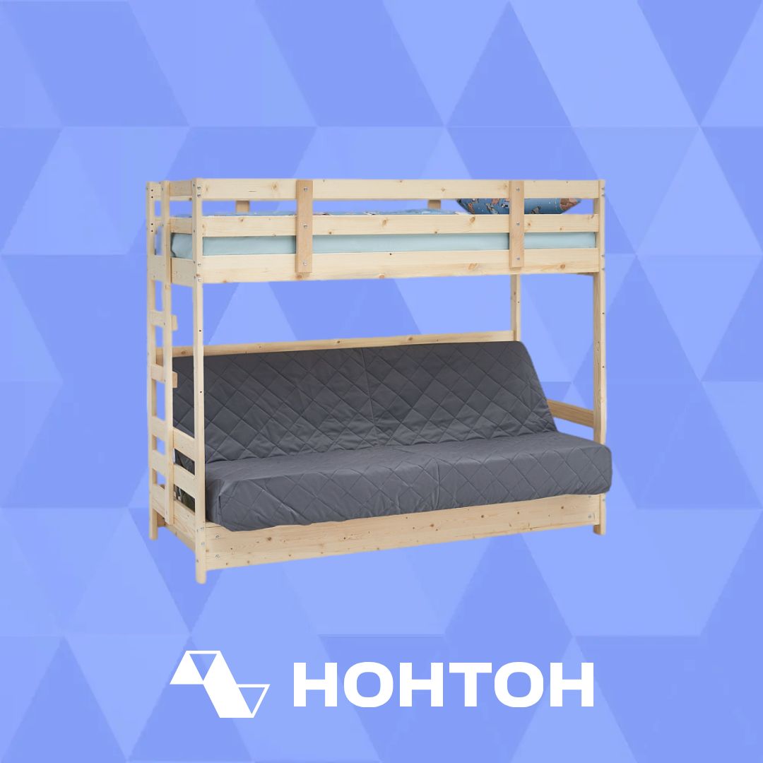 Двухъярусная кровать массив с диван-кроватью велюр серый / натуральный