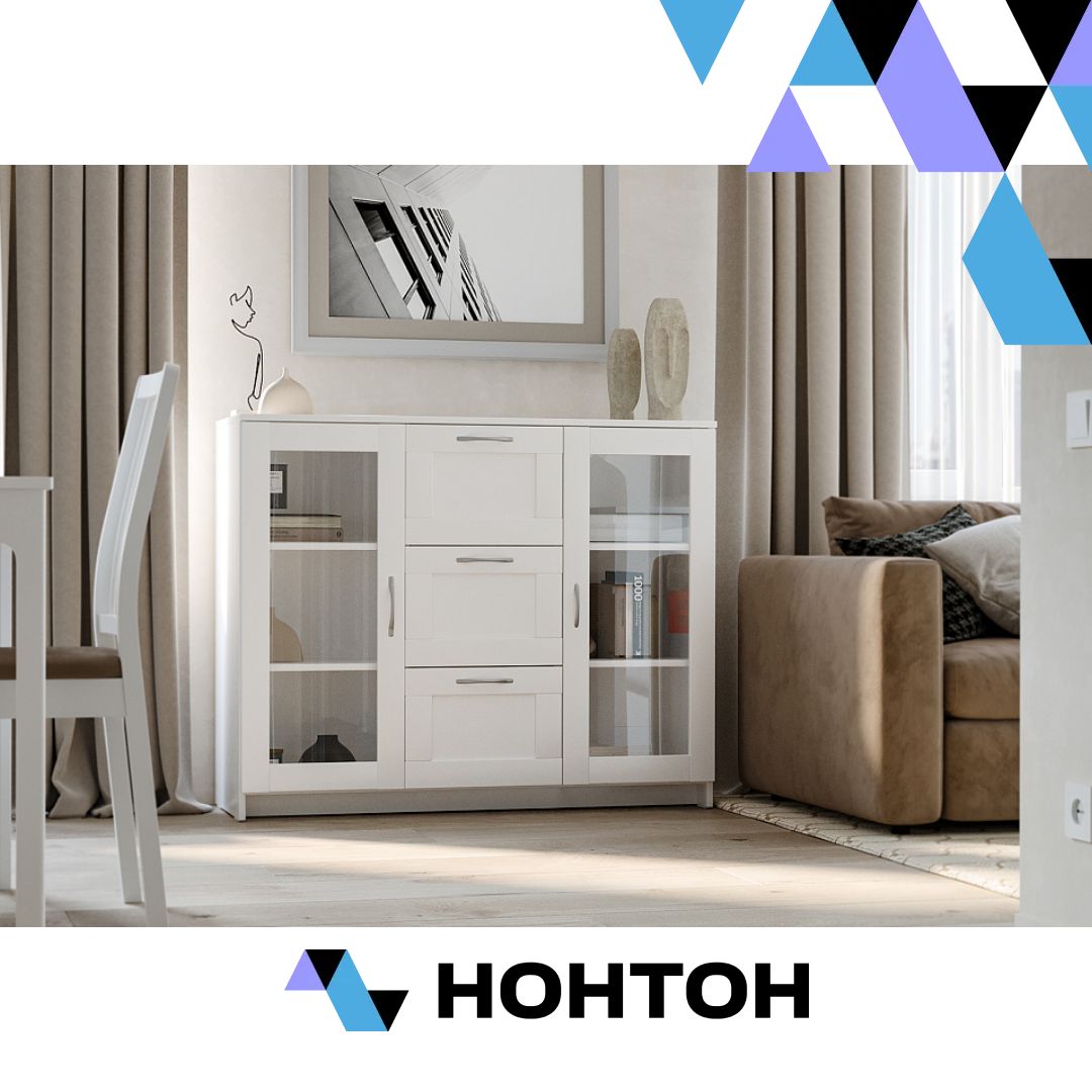 Комод с дверцами Сириус со стеклом и 3 ящиками белый