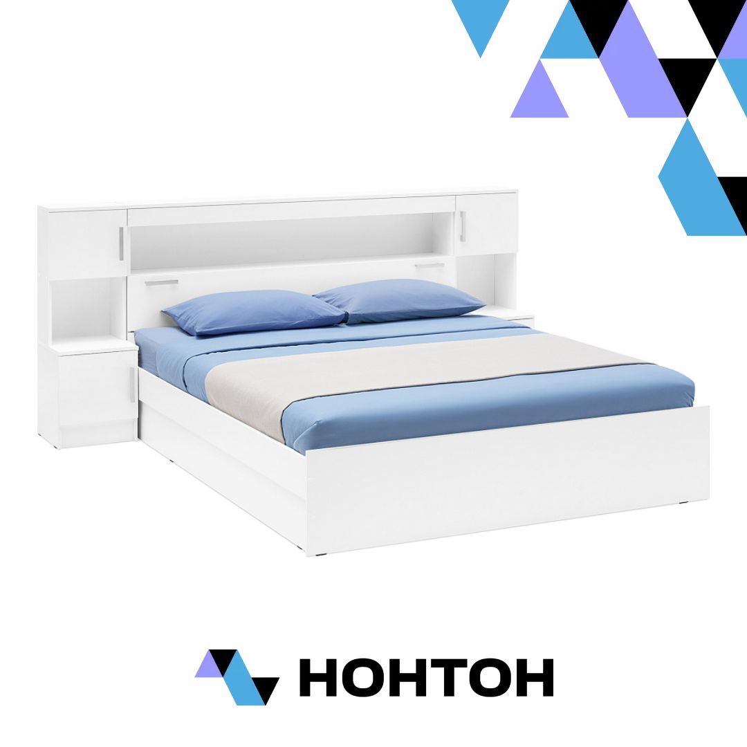 Кровать Бассо 1.6 м с надстройкой и тумбами белый